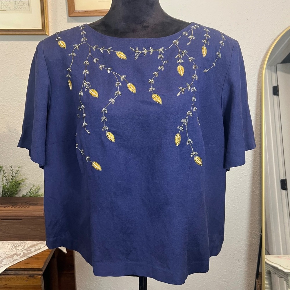 Vintage Navy Blue Beaded Embroidered Linen Blend Button Back Blouse 20 Petite